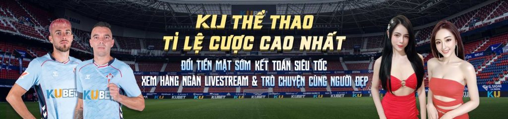 KUBET Thể Thao với hình cầu thủ bóng đá và hai người mẫu trong sân vận động quảng bá tỉ lệ cược cao của Kubet Vietnam